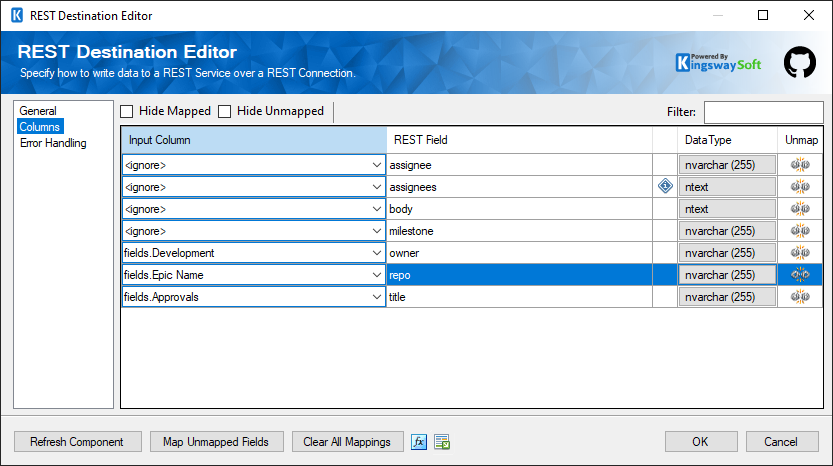 SSIS Jira REST Destination - Columns